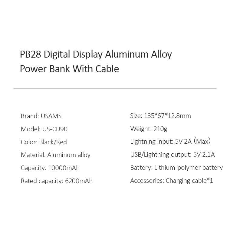 Pin sạc dự phòng hợp kim nhôm tích hợp cáp US-CD90 PB28 Digital Display Aluminum Alloy Power Bank With Cable mua ở đâu giá tốt 